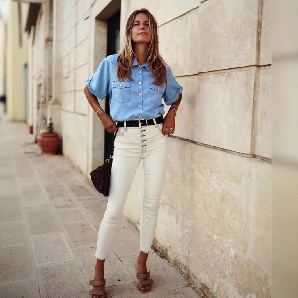 Dame afslappet denimbluse med praktiske lommer og korte ærmer Stilla