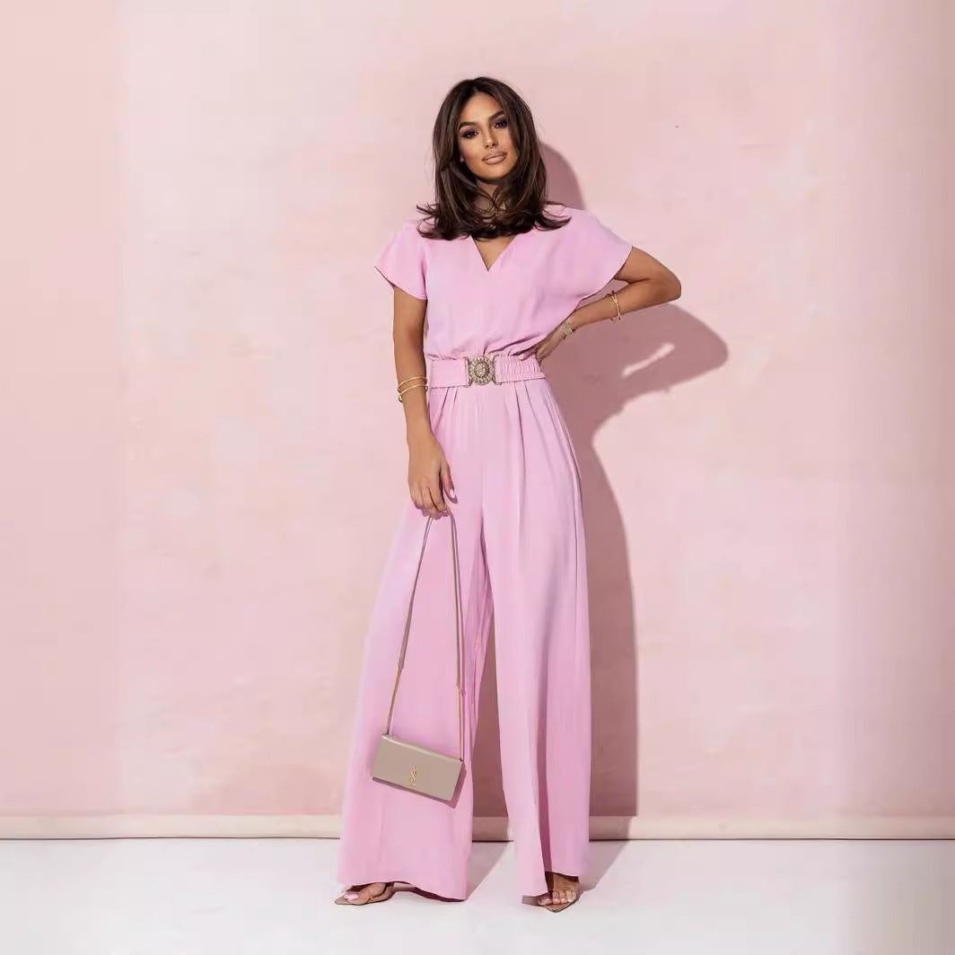 Dame Stylish bredskåret jumpsuit med bælte og V-hals Stilla