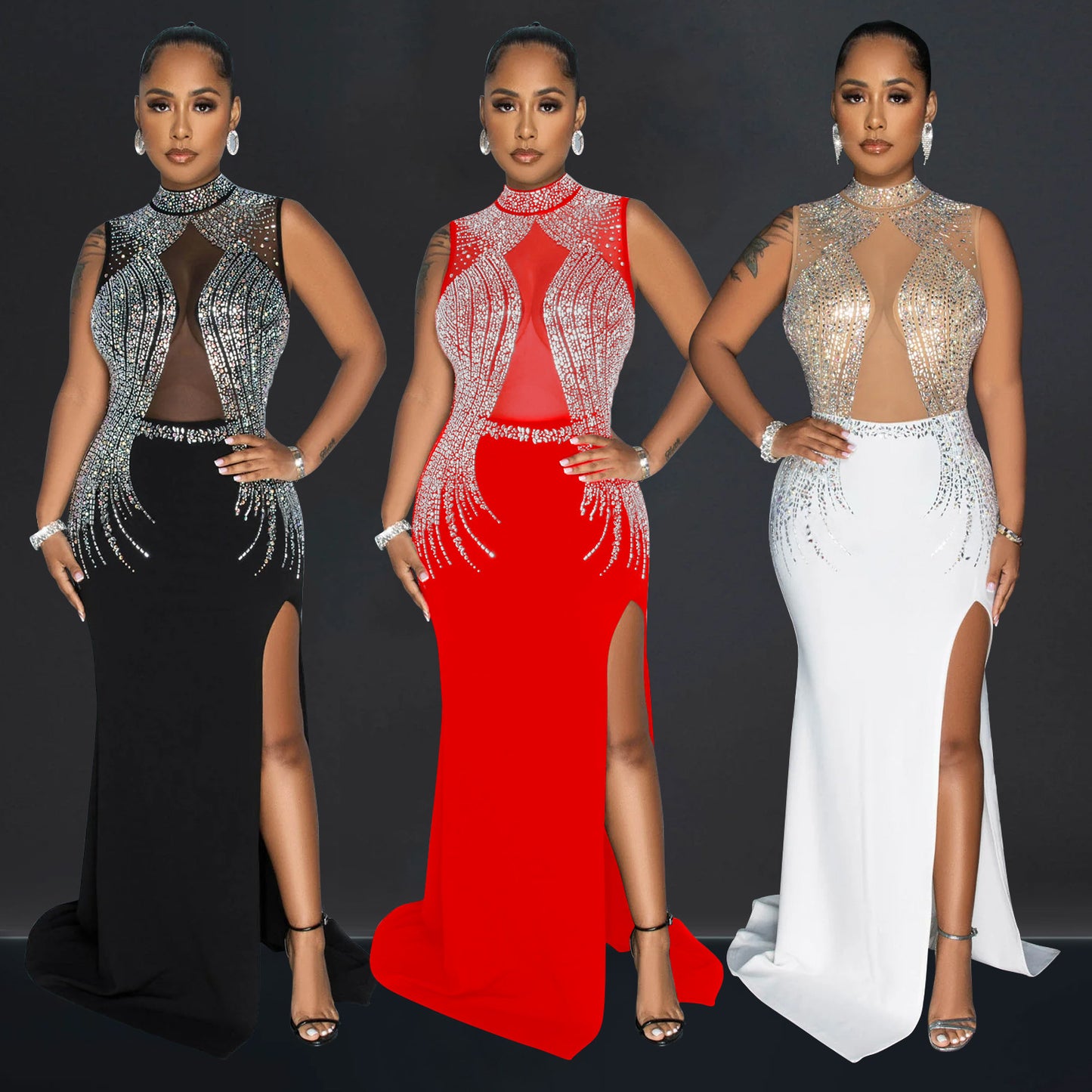 Dame Elegant aftenkjole med transparent spids og strassdekorationer Stilla