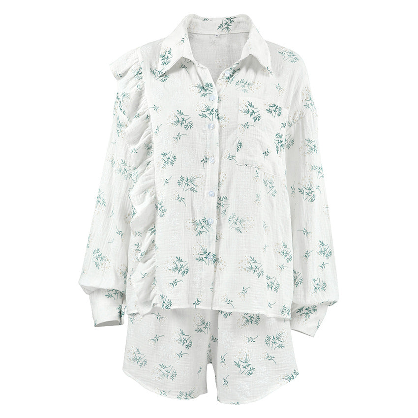 Dame afslappet bluse- og shorts-sæt med flæsedetaljer Stilla