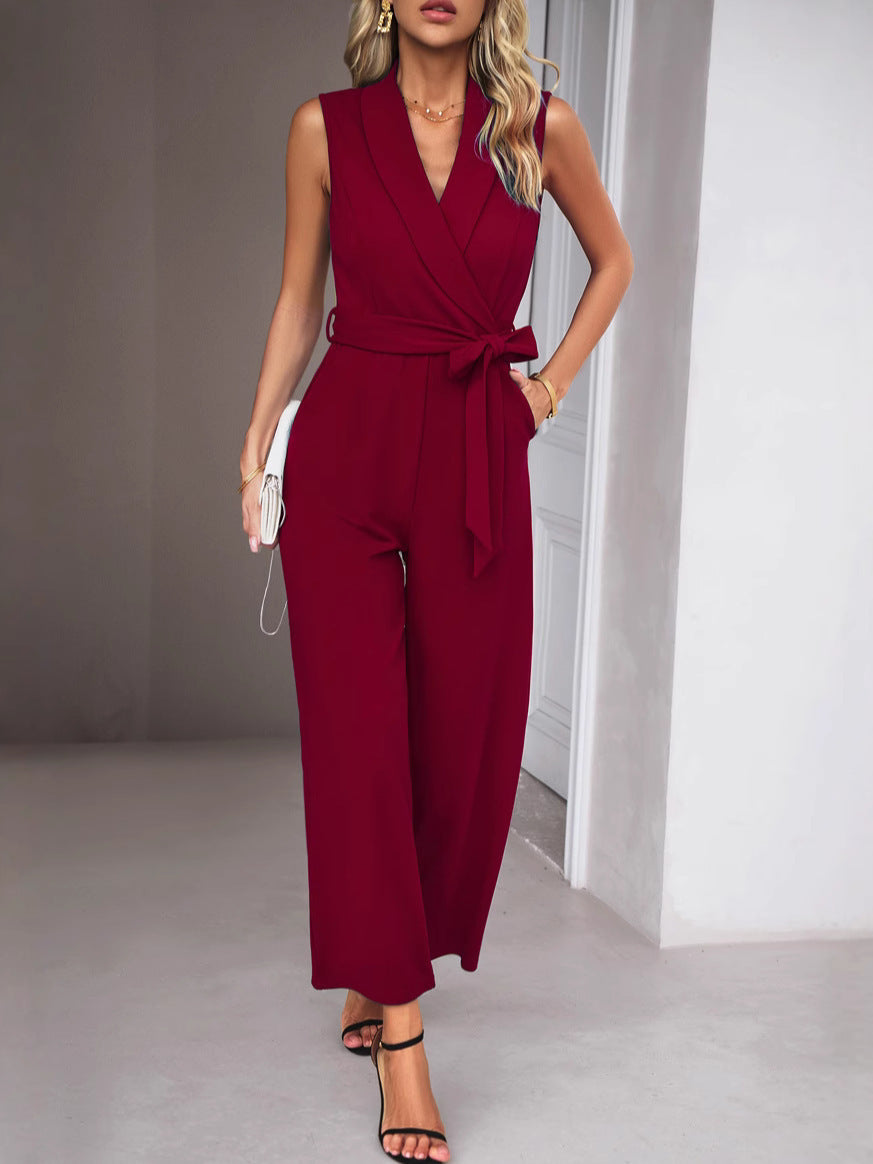 Dame elegant jumpsuit med bindebånd taljesløjfe og V-udskæring Stilla