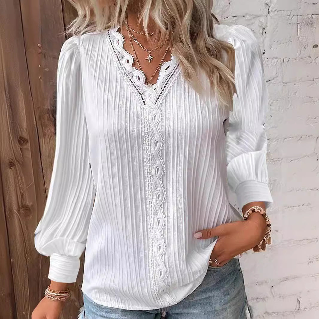 Dame Plisseret Bluser T-shirt med romantiske Spidsdetaljer Stilla