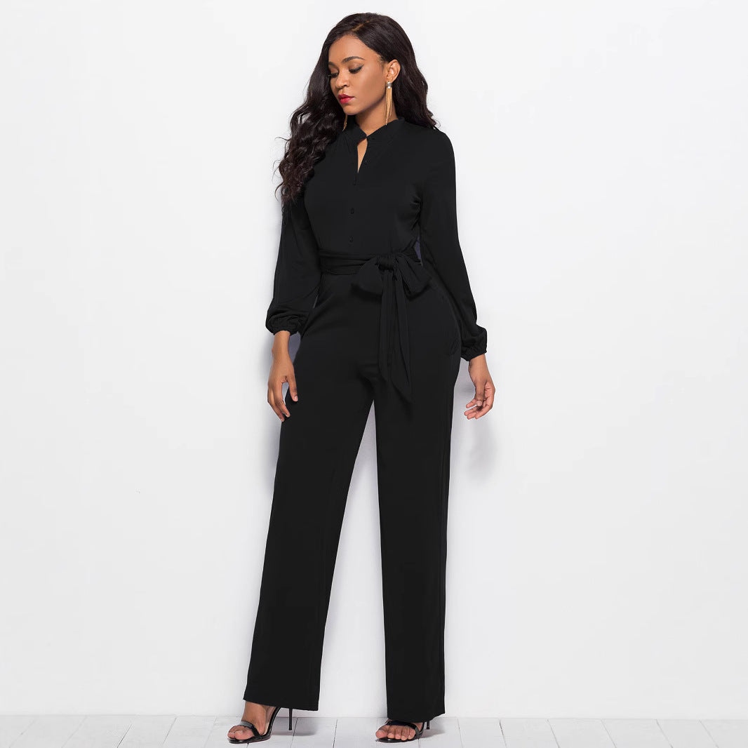 Damer Elegant Langærmet Jumpsuit med Talje bånd og Knapdetaljer Stilla