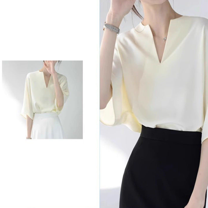 Dame elegant bluse skjorte med V-hals og flydende stof Stilla