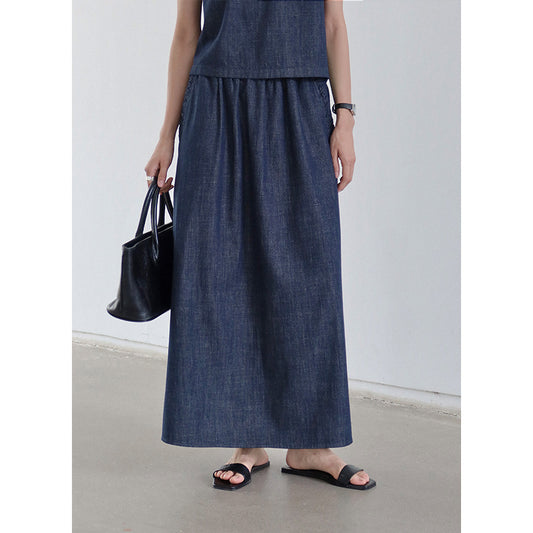 Dame elegant A-linje Midi-nederdel med elastisk talje og praktiske lommer Stilla