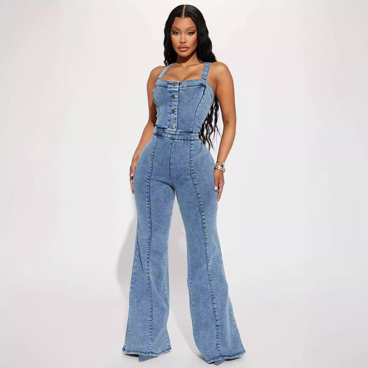 Dame Denim-Overalls med figursyet pasform og afslappede klapben Stilla