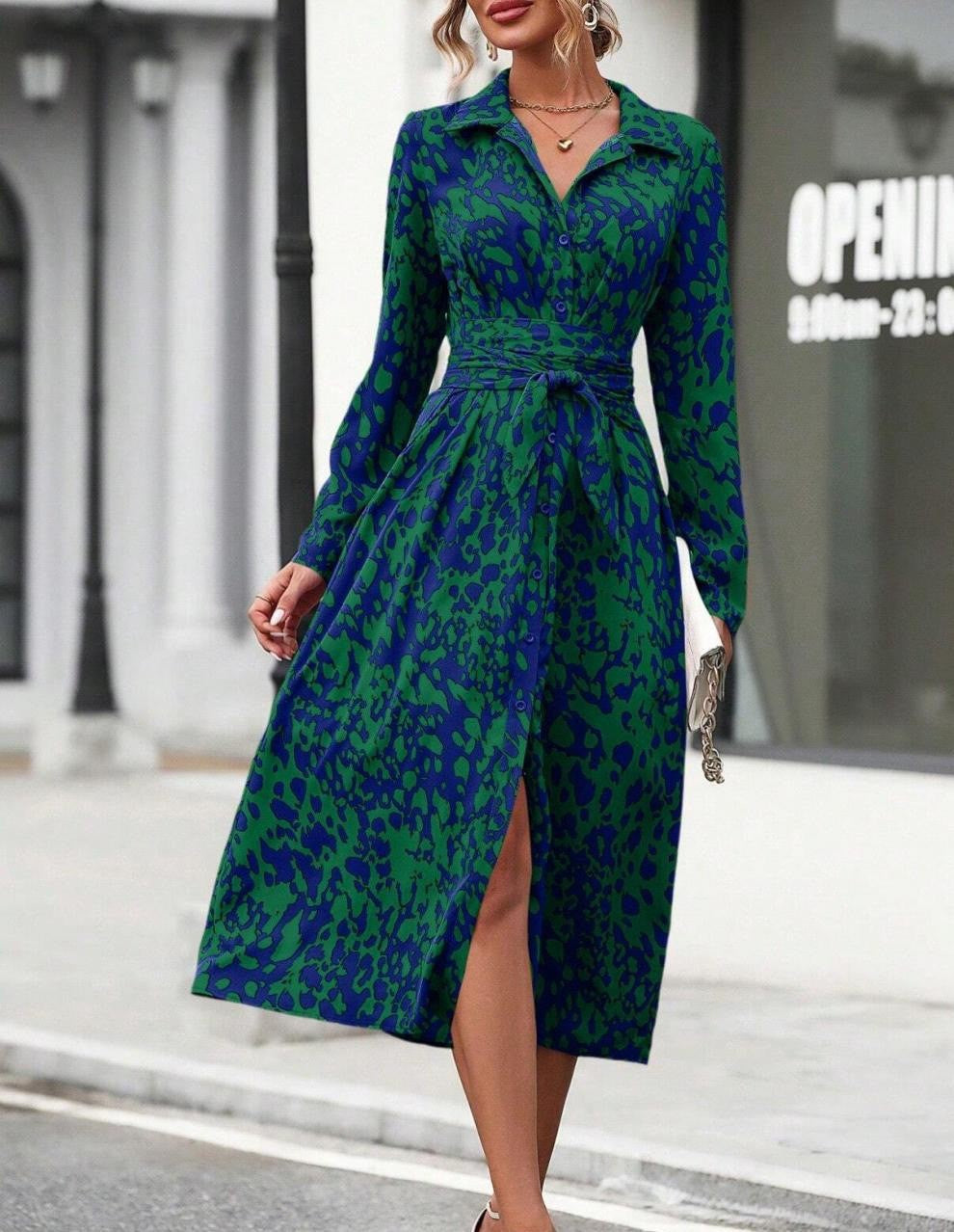 Dame Elegant Knap Lukning Midi Kjole Stilla