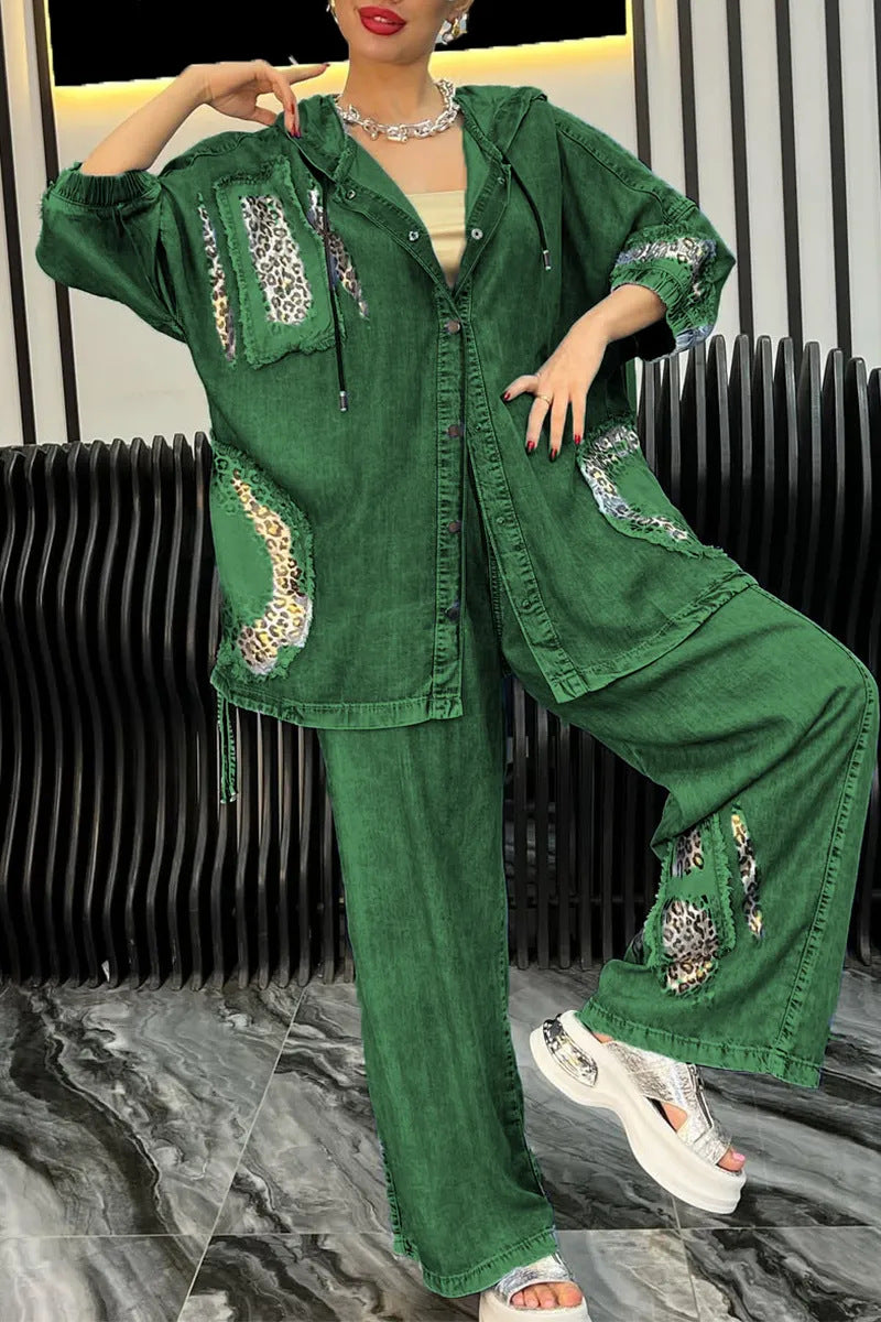 Dame afslappet denim sæt med hætte og dyreagtige accenter Stilla