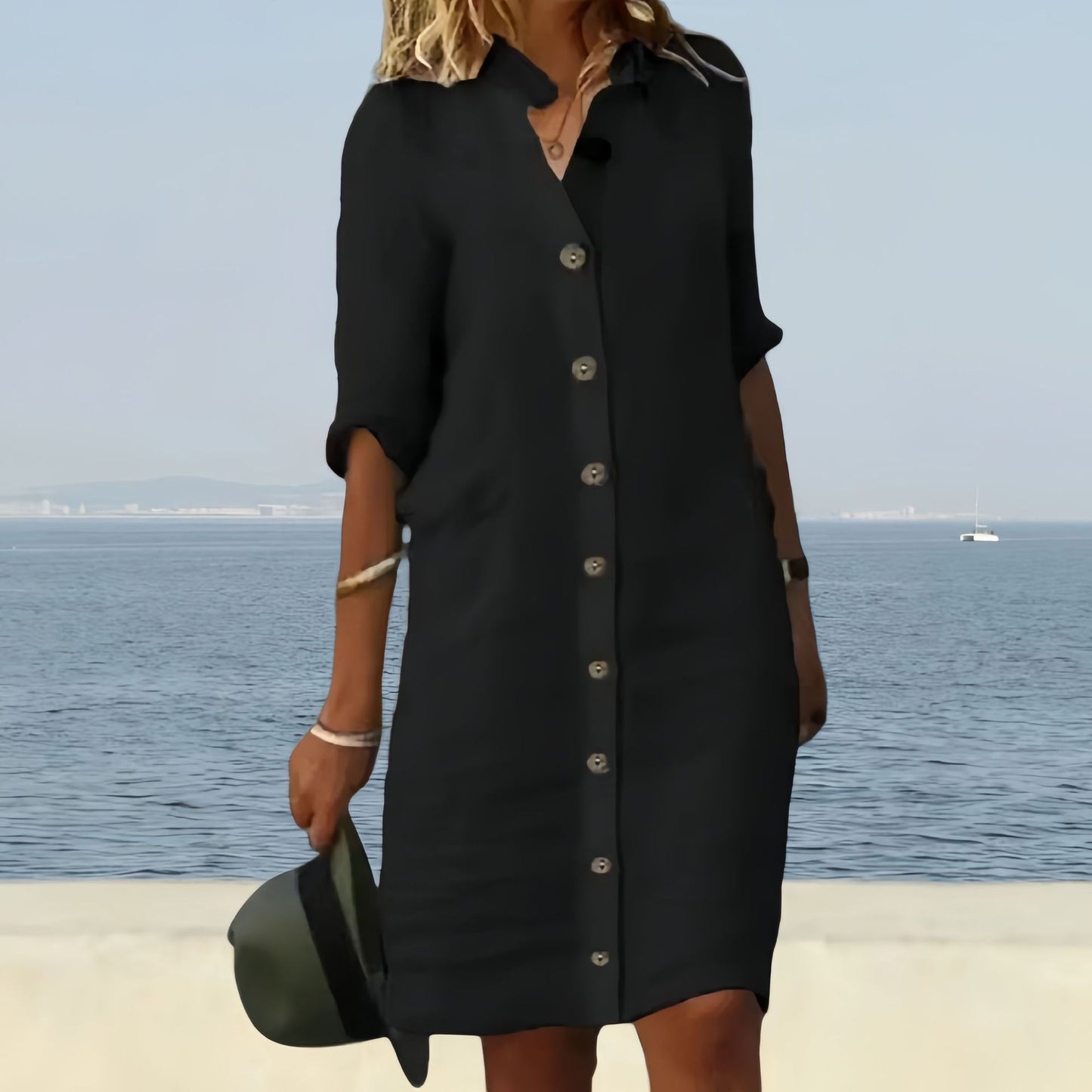 Dame afslappet linnedragt med knaplukning og praktiske lommer Stilla