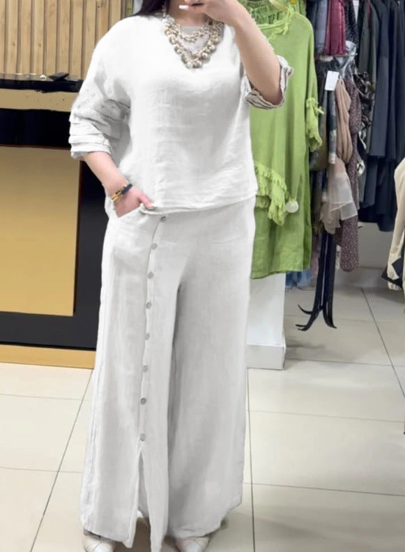 Dame afslappet linned sæt med løsskåret overdel og palazzo bukser Stiila