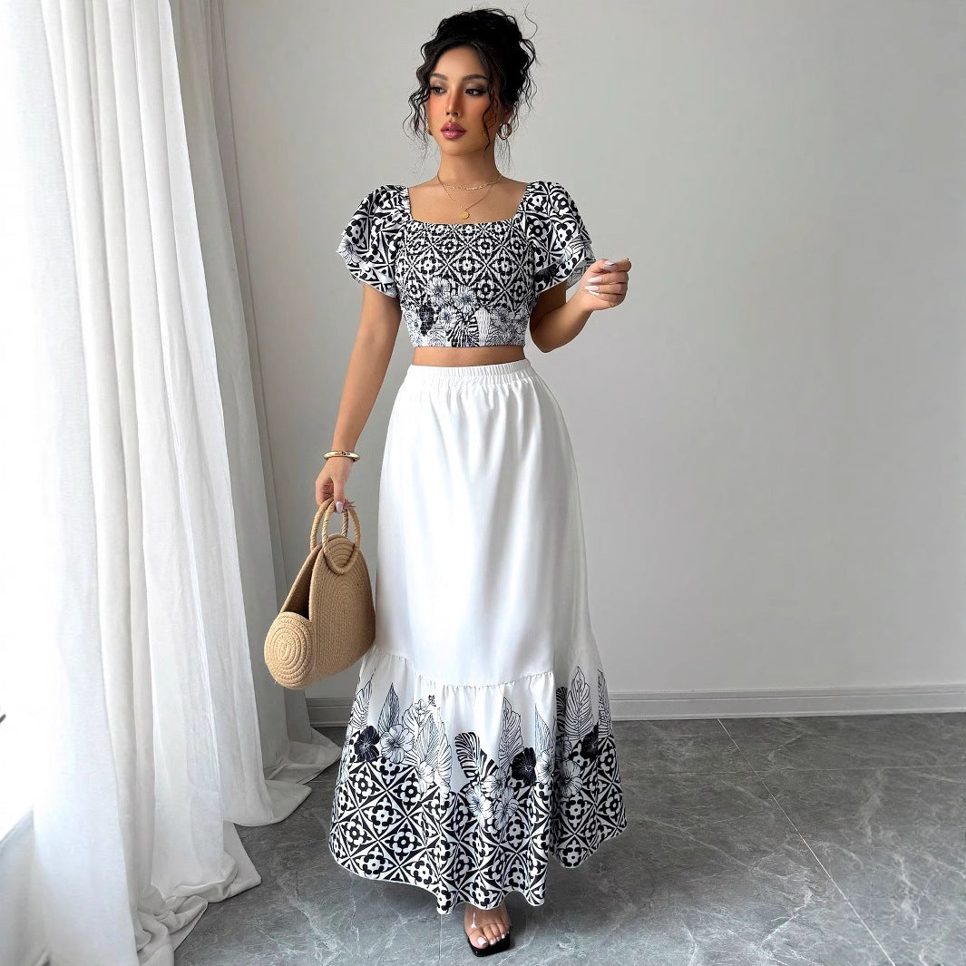 Dame Crop-Top og Maxi-Nederdel Sæt med blomsterlige accenter Stilla