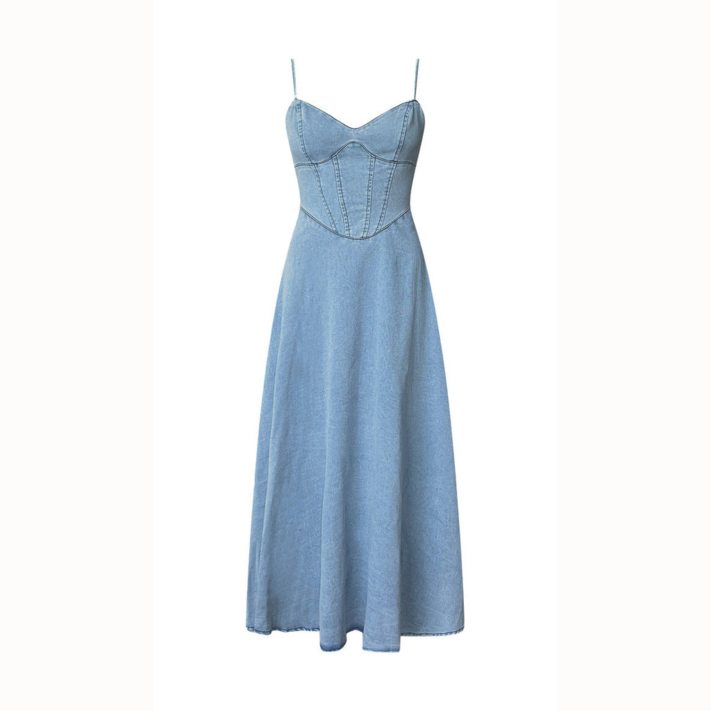 Dame Denim Maxi-kjole med corsage-design og fine spaghetti-stropper Stilla