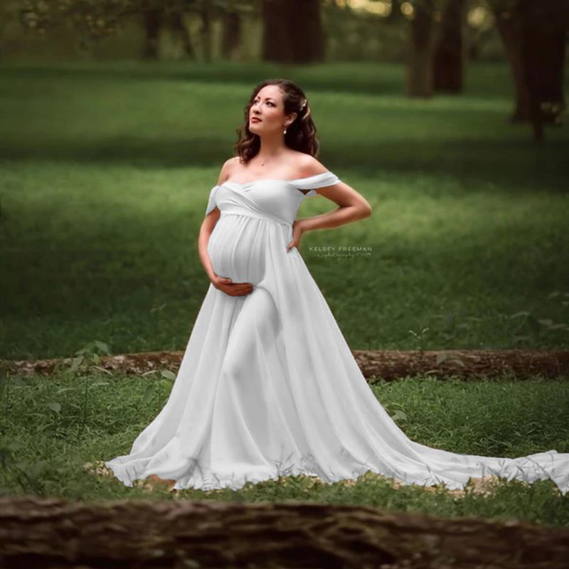 Dame Eksklusiv skulderfri gravid kjole med flydende nederdel Stilla