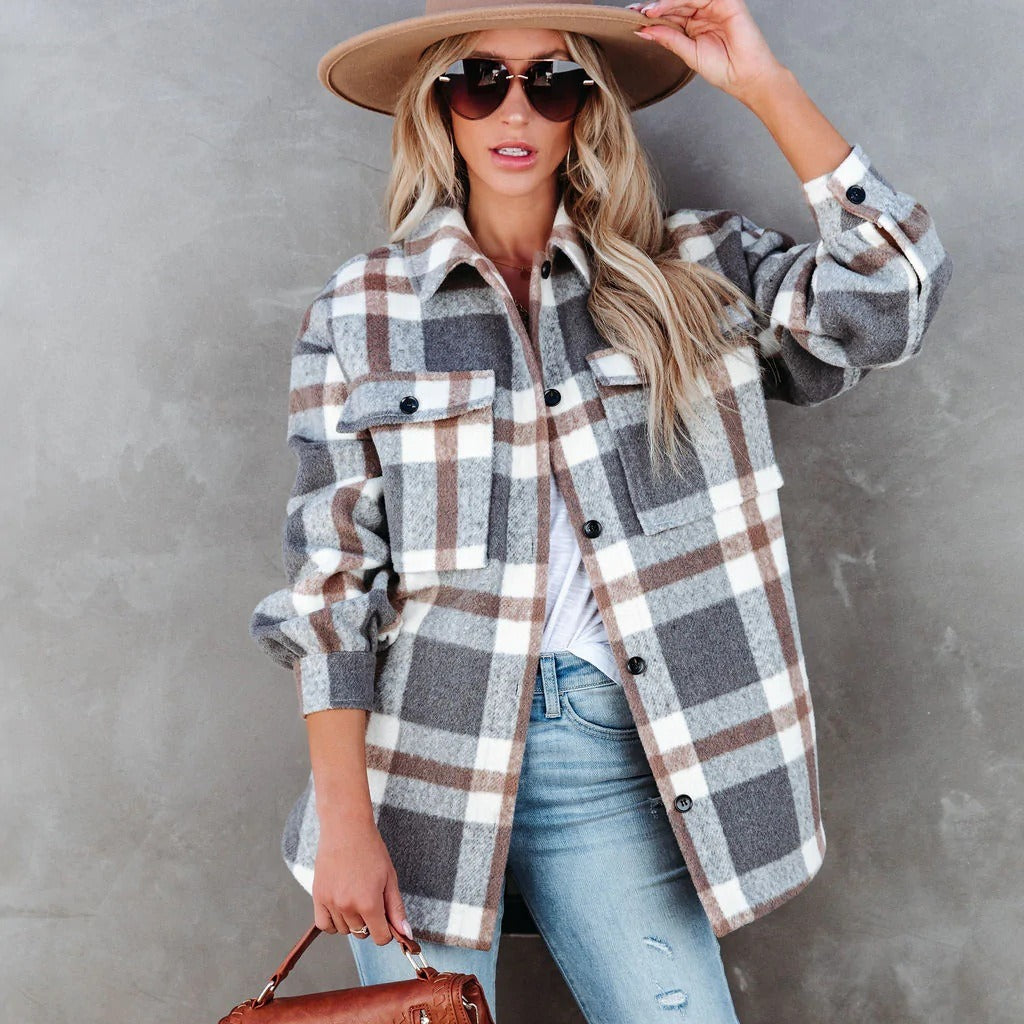 Dame afslappet oversized flanneljakke i ternet mønster med knapbar krave Stilla