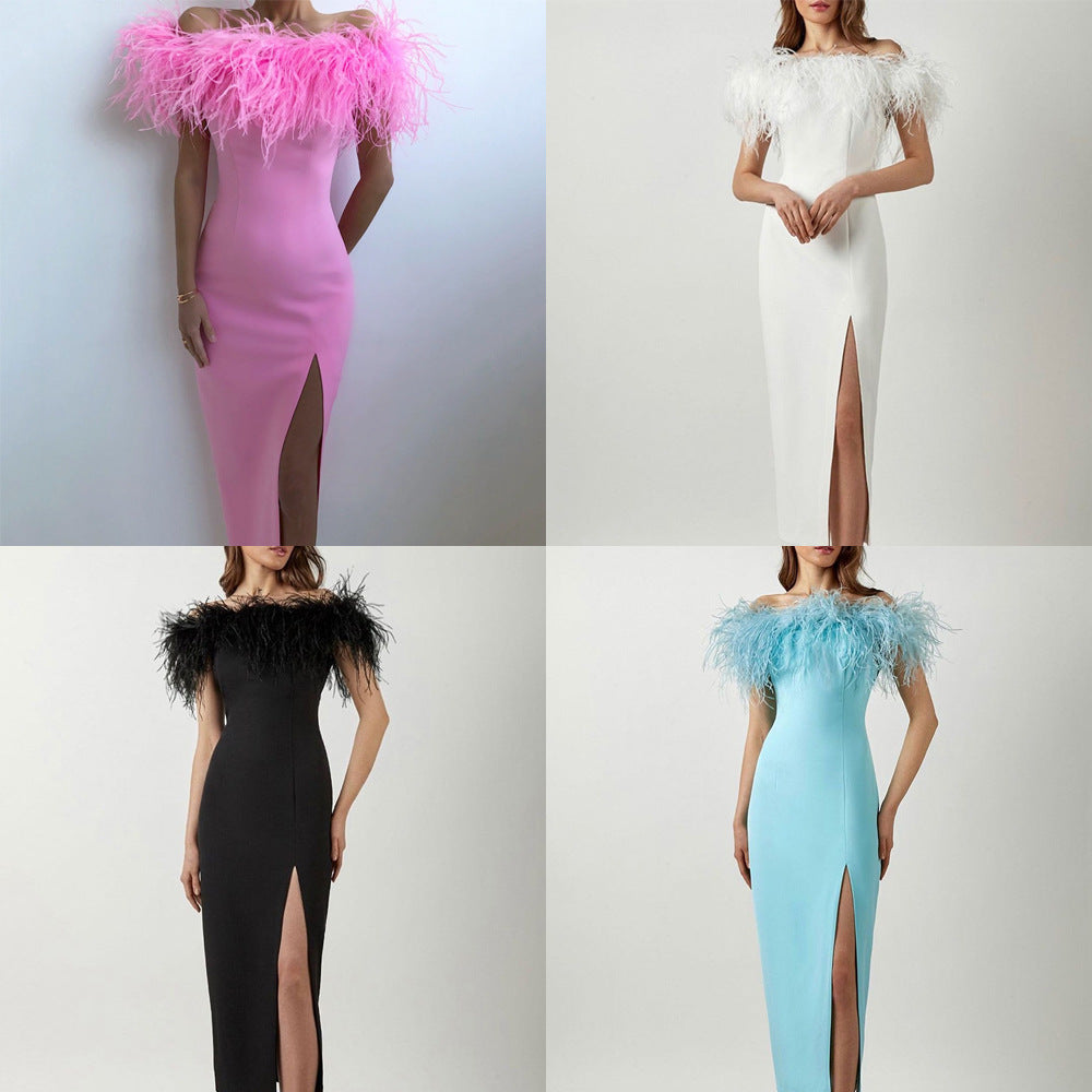 Dame Elegant aftenkjole med fjerdetaljer og høj slids Stilla