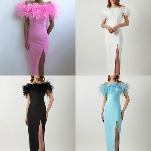 Dame Elegant aftenkjole med fjerdetaljer og høj slids Stilla