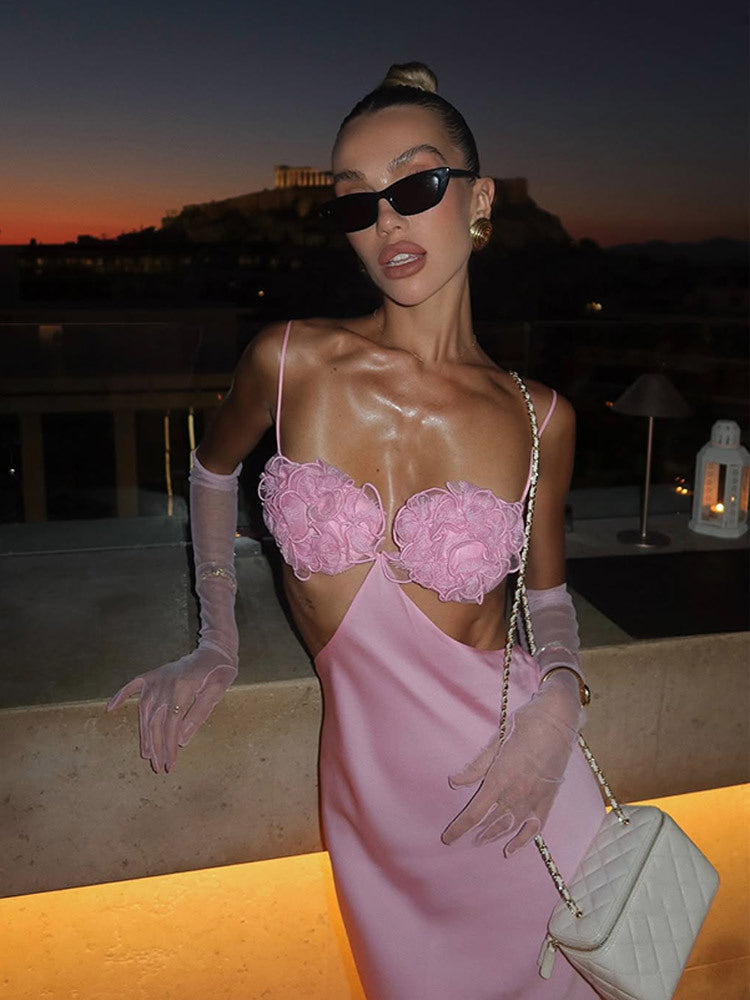 Dame elegant gulvlængde kjole med floral blondeindsats Stilla