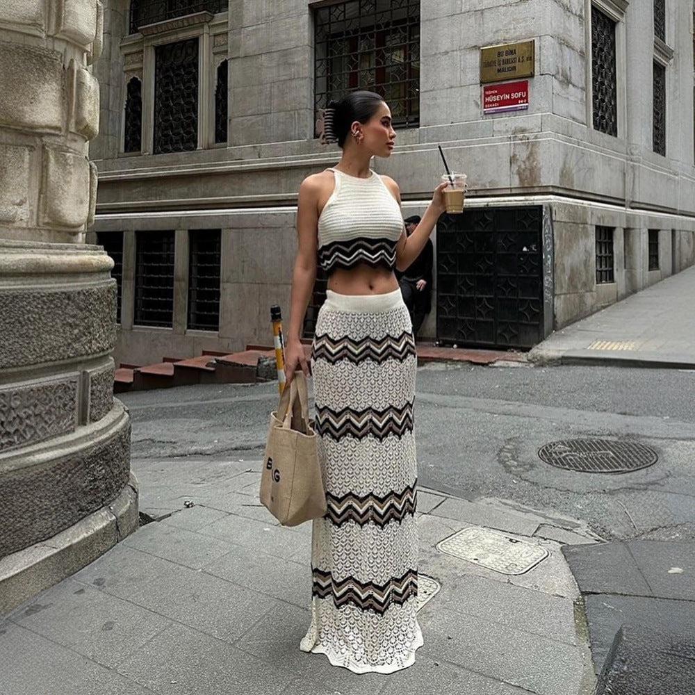 Dame Elegant hæklede Maxi-kjole med Crop Top og geometrisk mønster Stilla