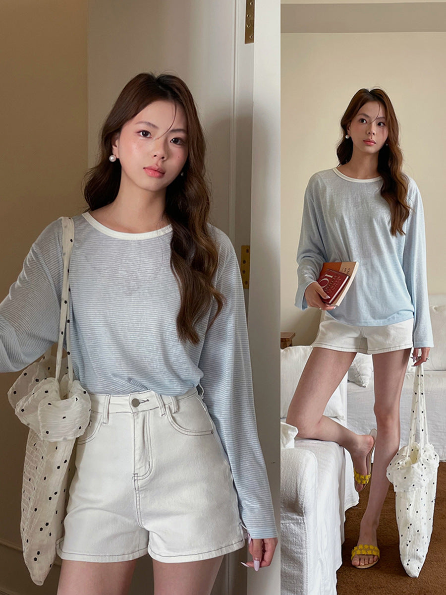 Dame afslappet longsleeve t-shirt med højkvalitets tekstur og moderigtigt rundhalsudskæring Stilla