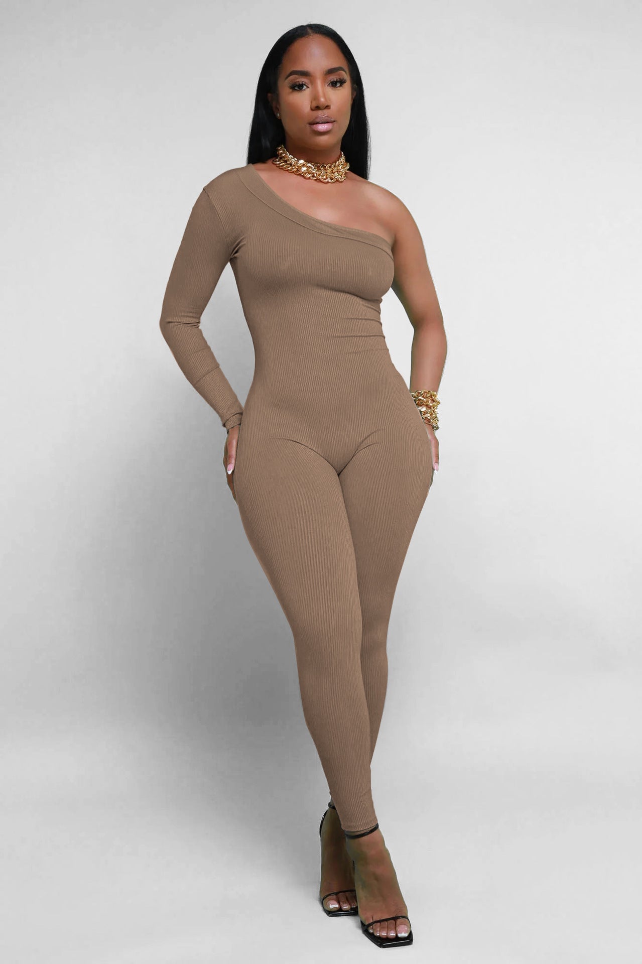 Dame Asymmetrisk Langærmet Jumpsuit i ribbet materiale Stilla