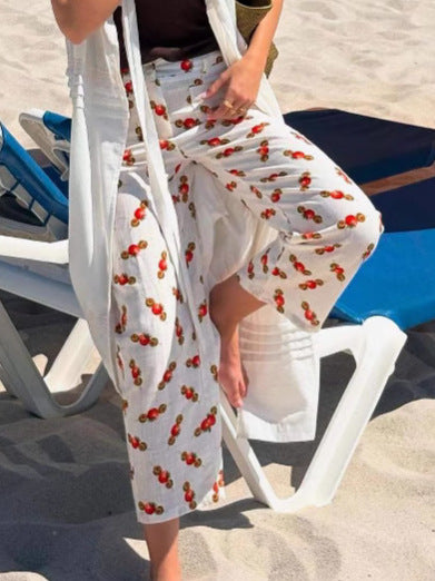 Dame afslappede linnedbukser med maritim hummermotiv og løs pasform Stilla