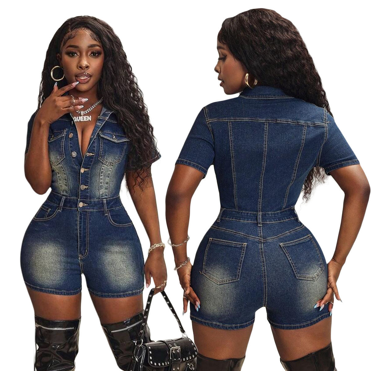 Dame Denim Kort Overall med Knaplukning og Taljeret Snit Stilla