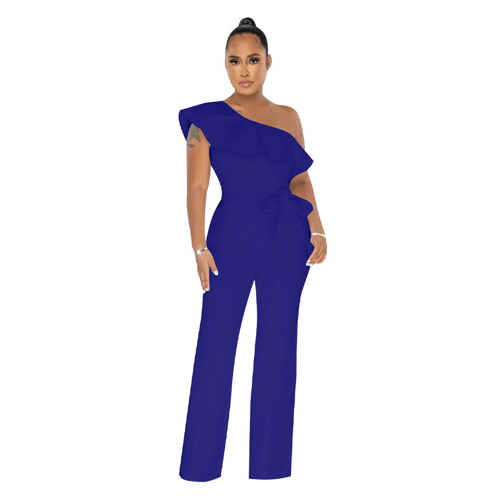 Dame Elegant One-Shoulder Jumpsuit med Rynke Detaljer og Taljebælte Stilla