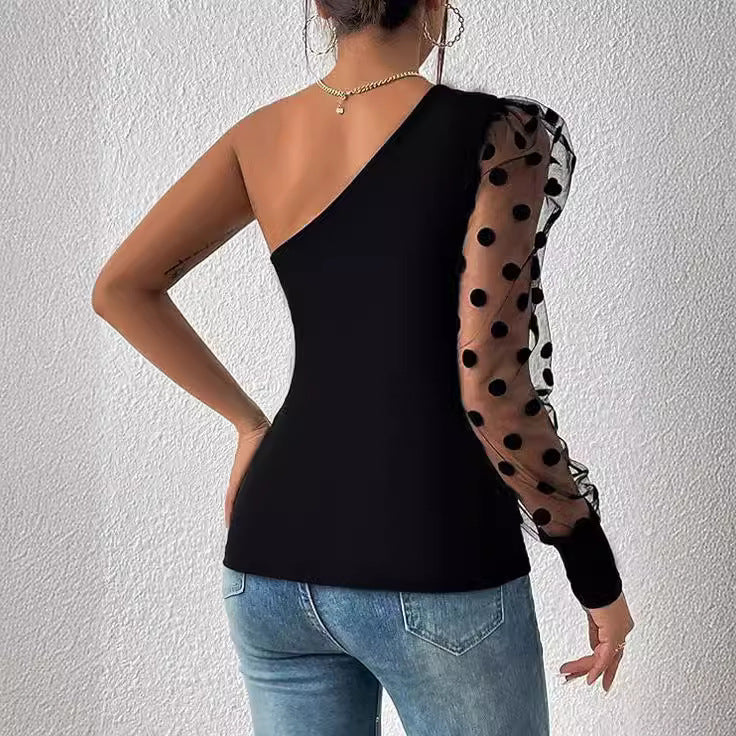 Dame Elegant bodysuit med asymmetrisk snit og gennemsigtig puffærme Stilla