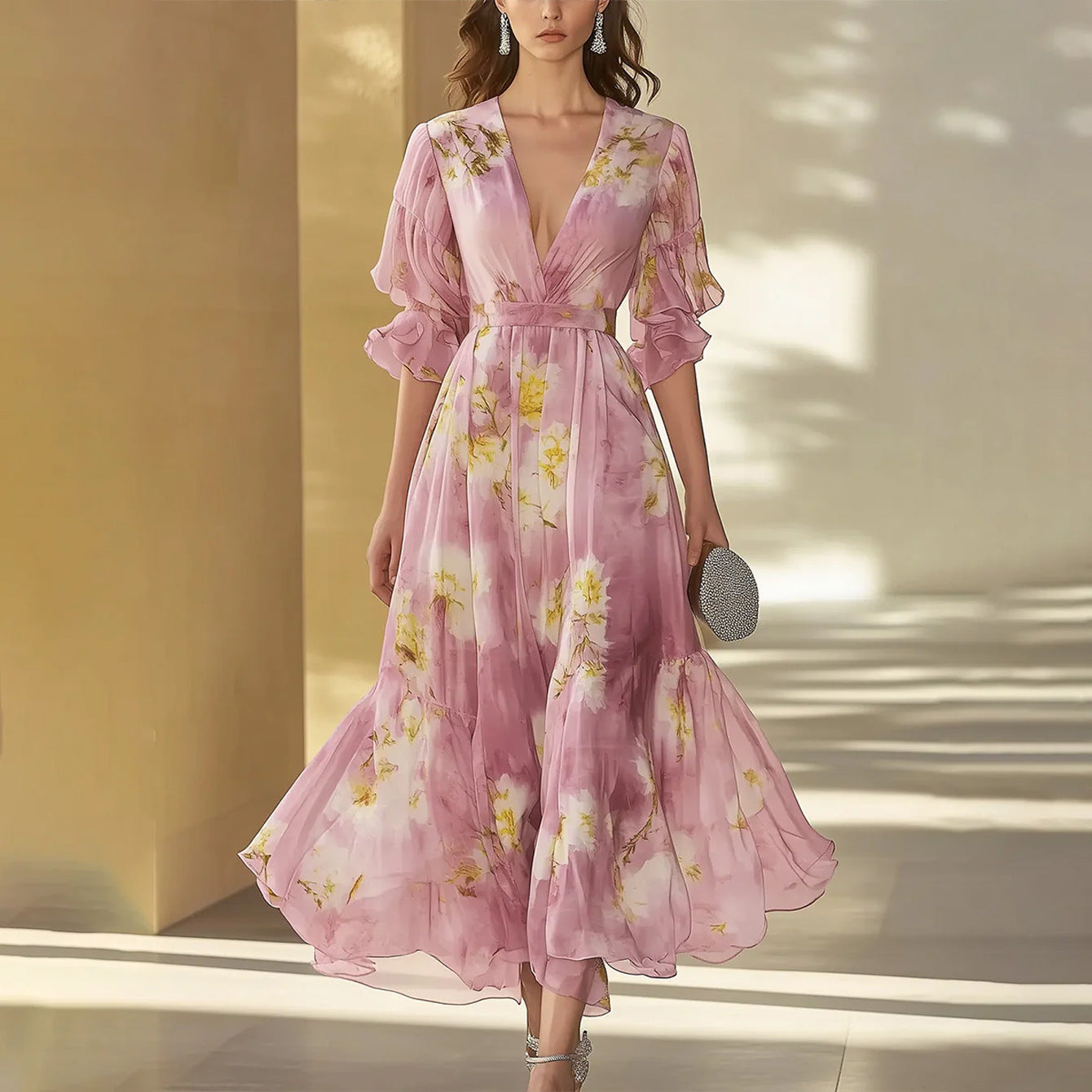 Dame Elegant Blomst Chiffon Maxi Kjole Stilla