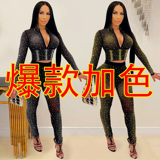Dame Funklende Jumpsuit med gennemsigtig overdel og rhinsten-detaljer Stilla