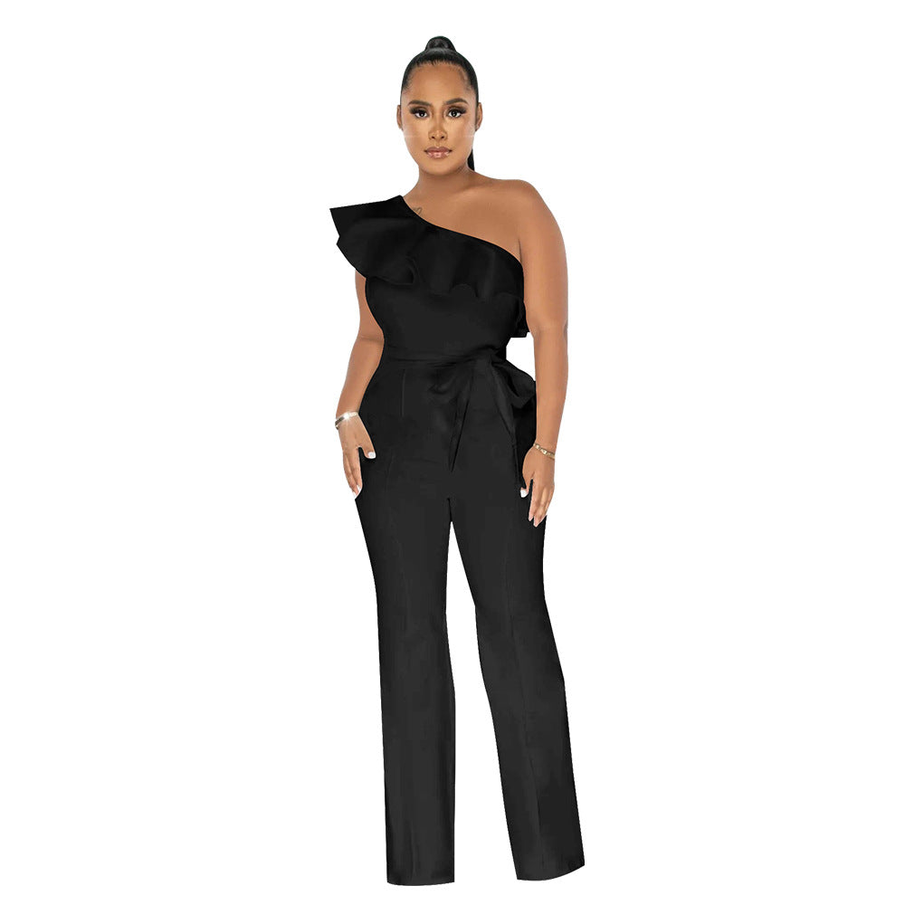 Dame Elegant One-Shoulder Jumpsuit med Rynke Detaljer og Taljebælte Stilla