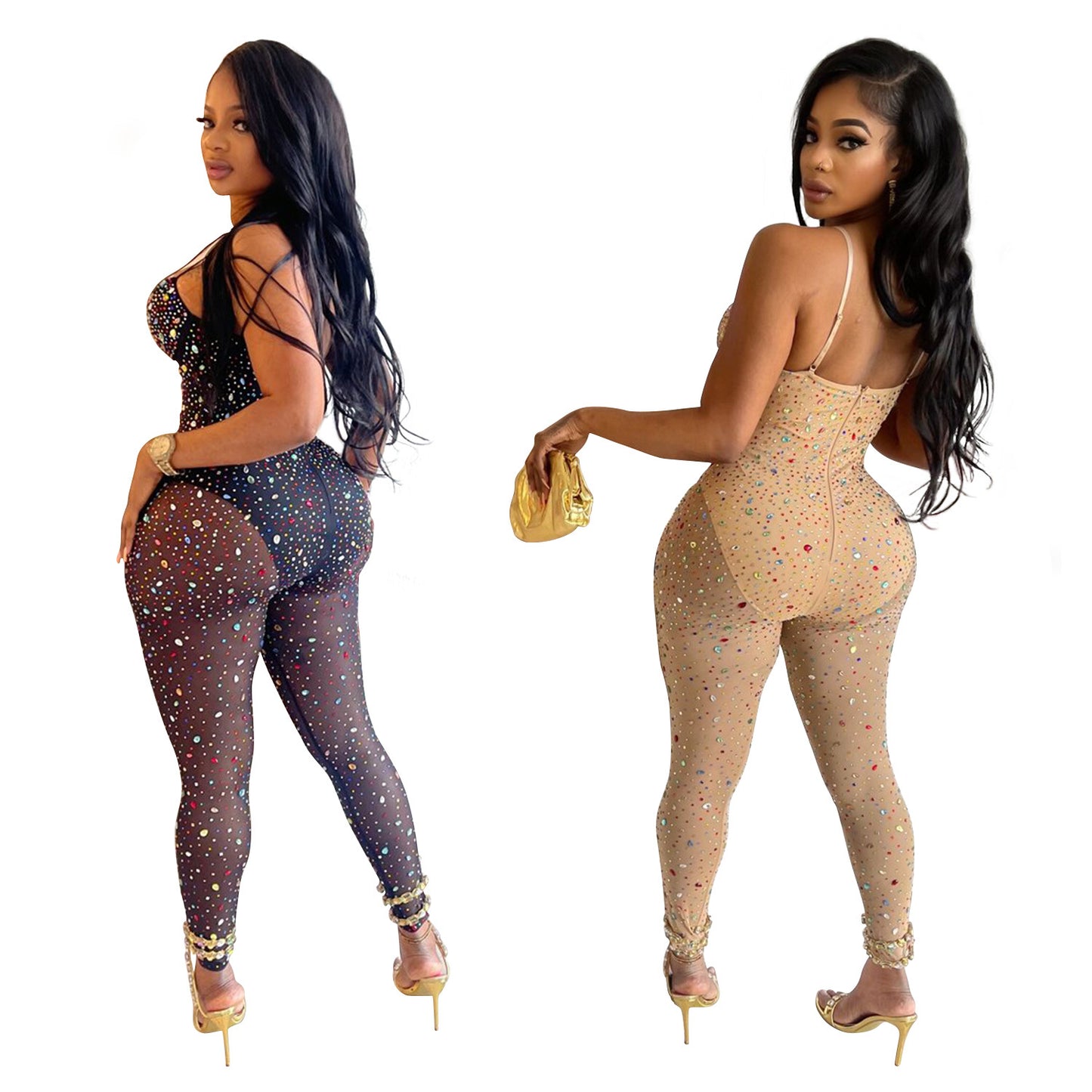 Dame Glamourøs Bodycon Jumpsuit med strass-applikationer og forførende, elastiske ben Stilla
