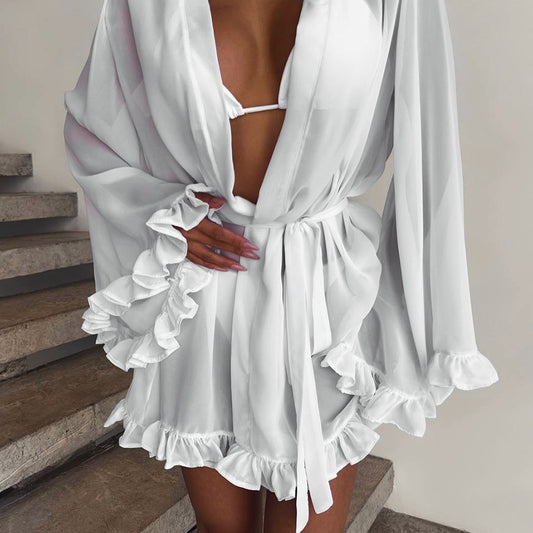 Dame afslappet sommerkjole med flæsedetaljer og justerbart bælte Stilla