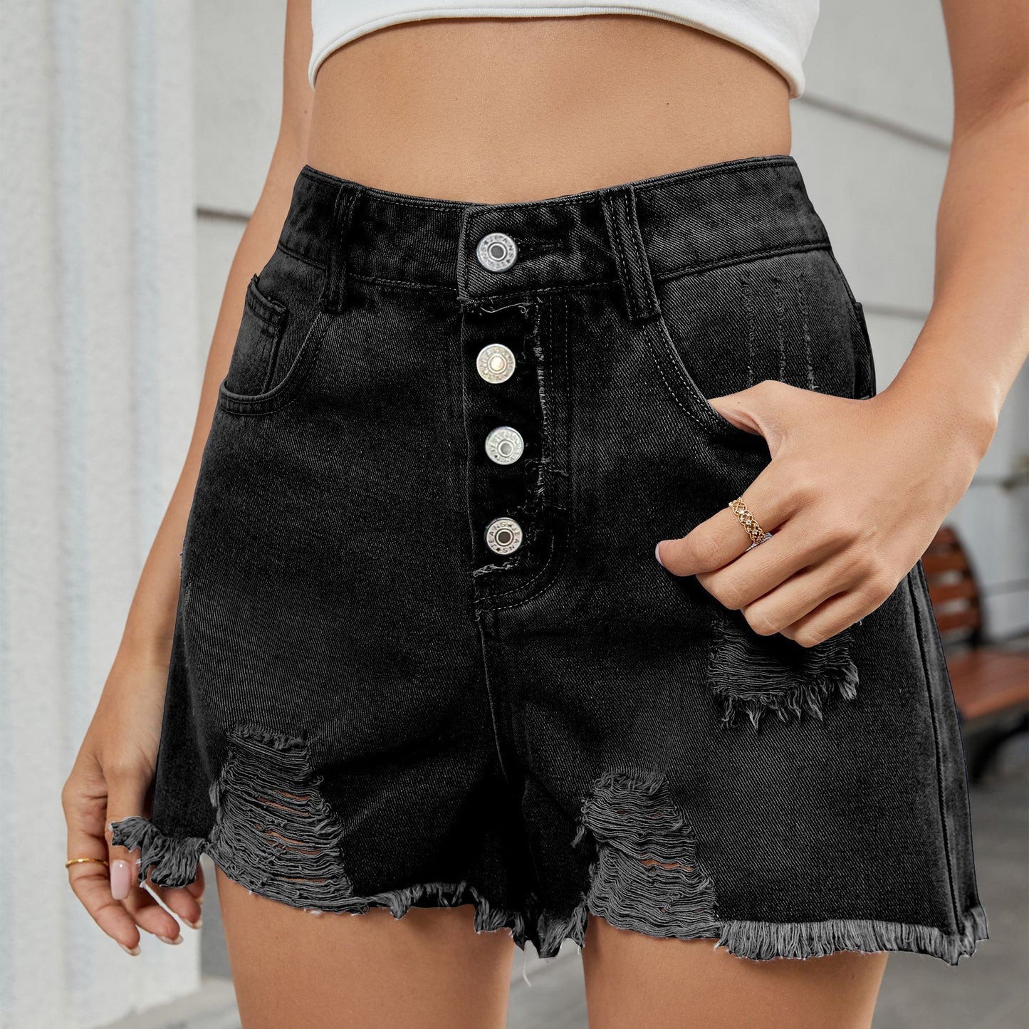 Dame denim shorts med trendy ødelagt design og høj talje Stilla