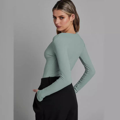 Dame Langærmet Bodysuit med dyb udskæring og knapdetalje Stilla