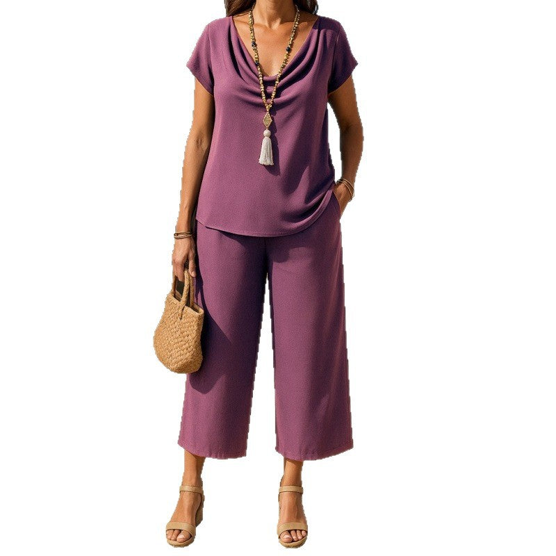 Dame afslappet overdel og brede bukser i sæt Stilla