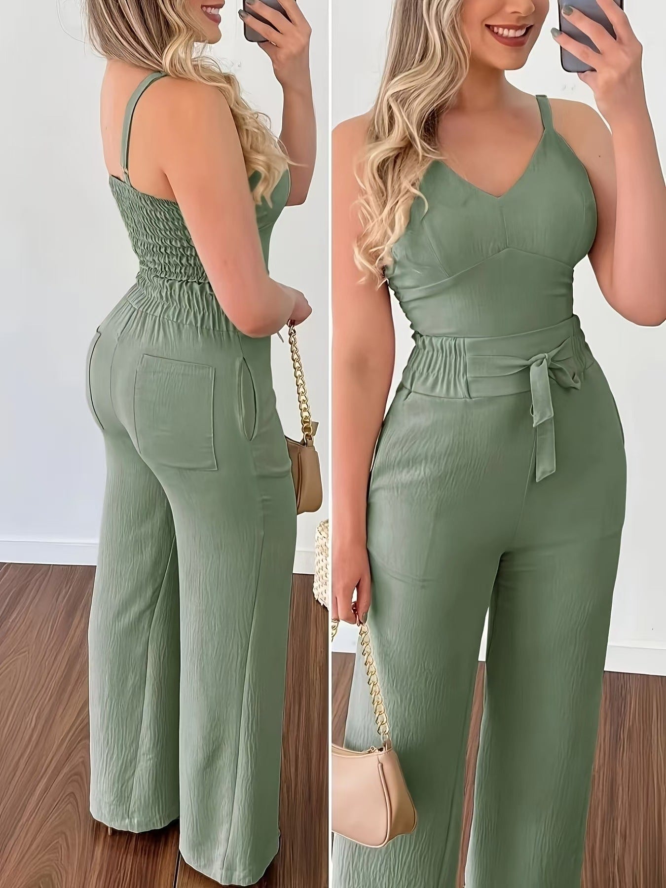 Dame bredskåret jumpsuit med justerbart taljebælte Stilla