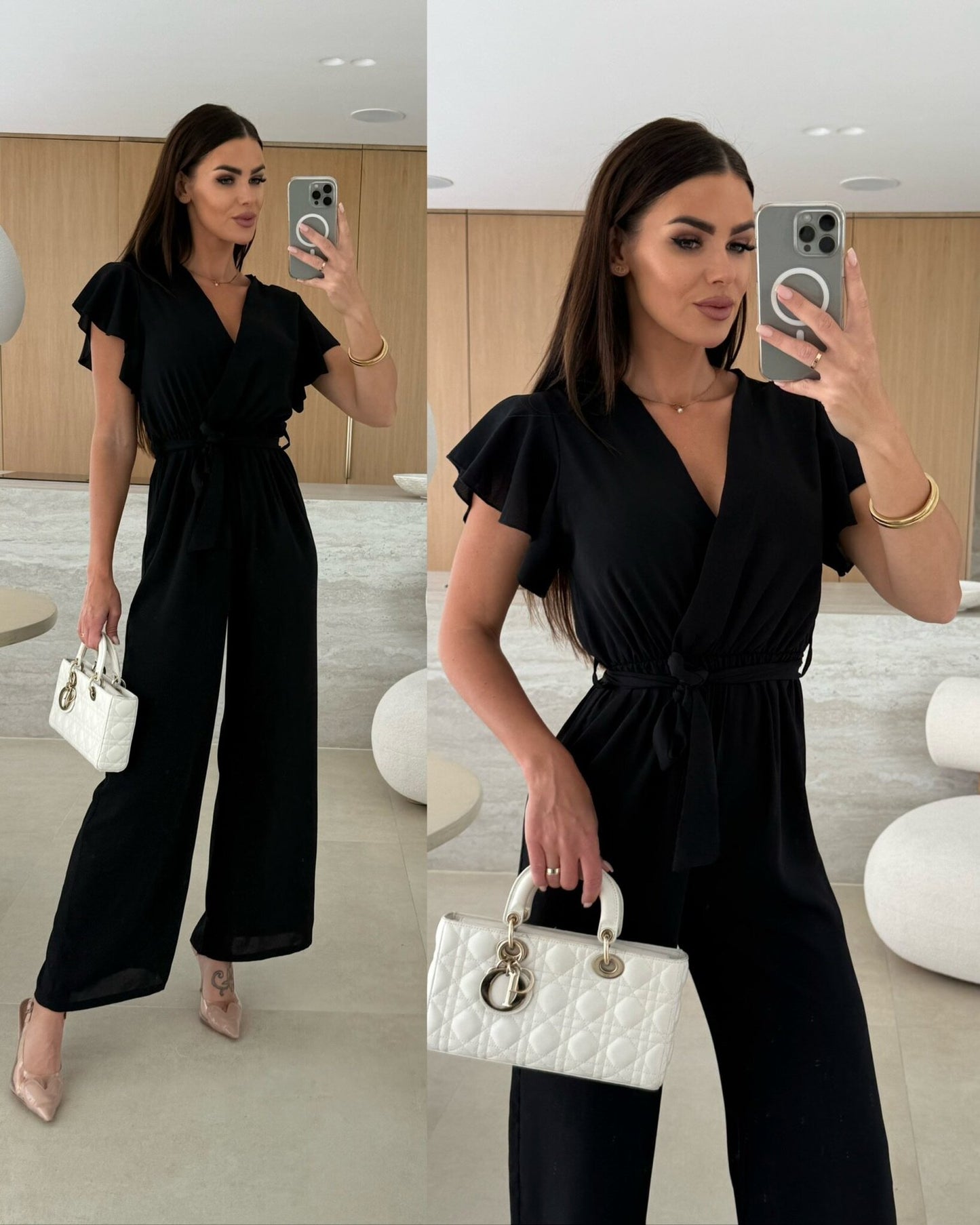 Dame jumpsuit med elegant V-udskæring og flæse detaljer Stilla