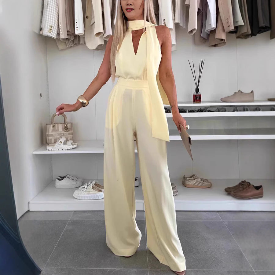 Dame Elegant Bredbenet Overall med Stilfuld Sjal-Detalje Stilla