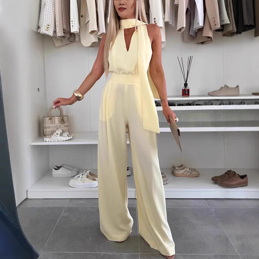 Dame Elegant Bredbenet Overall med Stilfuld Sjal-Detalje Stilla