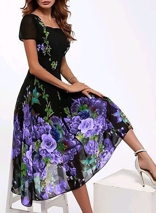 Dame A-linje Floral-Print Midi Kjole Stilla