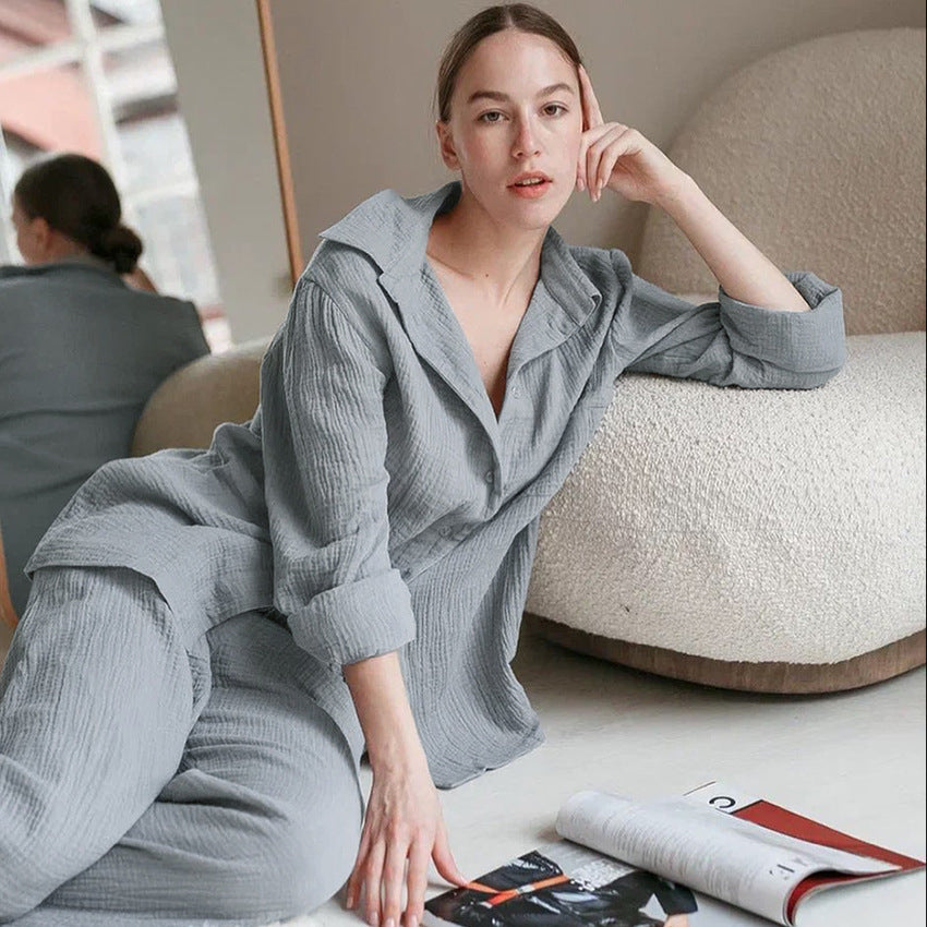 Dame afslappet pyjamas sæt med struktureret overdel og bredt ben Stilla