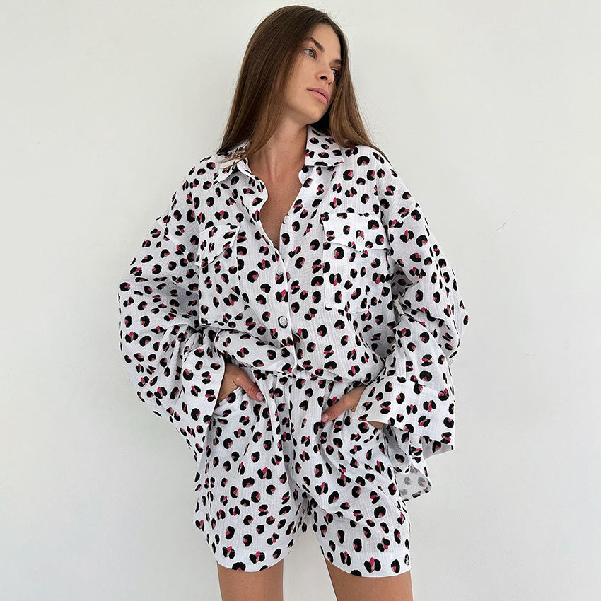 Dame afslappet kortærmet skjorte og shorts sæt med moderne leo mønster Stilla