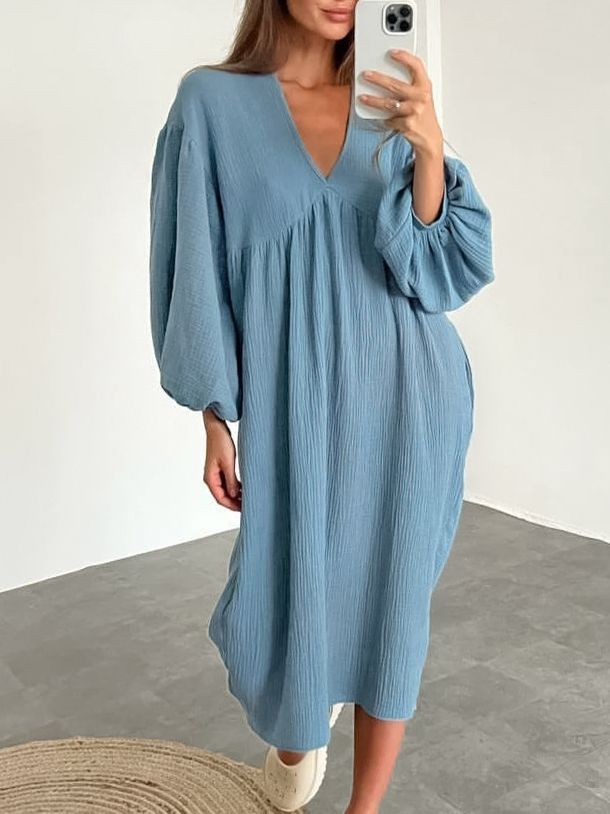Dame afslappet oversized kjole med voluminøse ærmer og V-udskæring Stilla