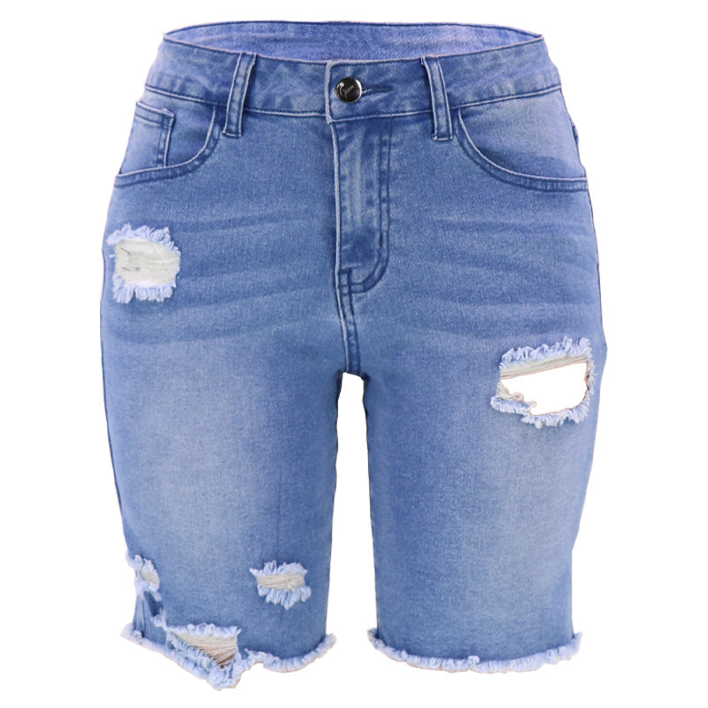 Dame Destroyed Denim-Shorts med frynset kant og modiske revne-detaljer Stilla