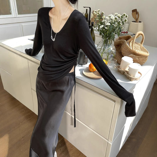 Dame afslappet langærmet bluse med rynker og bindebånd Stilla