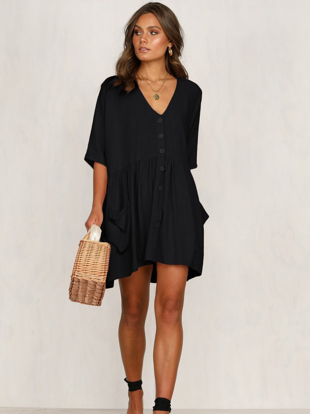 Dame afslappet kortærmet kjole med knapdetalje og lomme Stilla