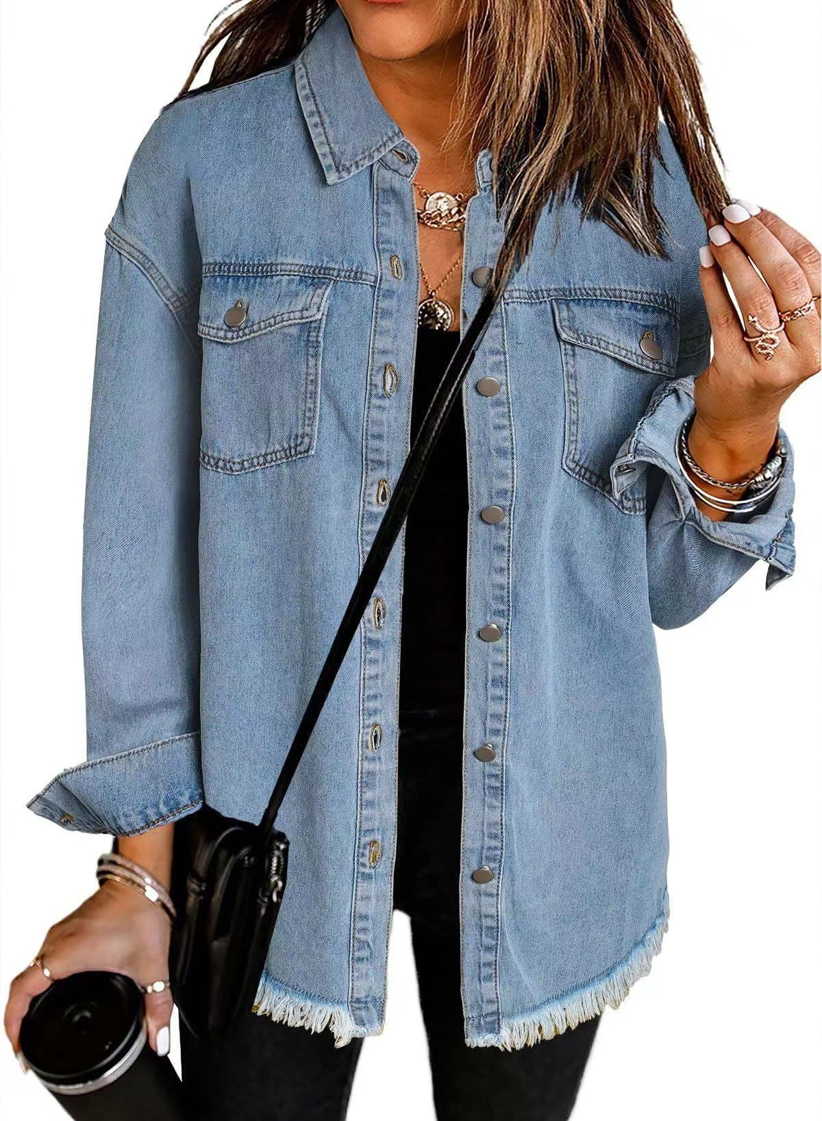 Dame Denim Skjortejakke i afslappet Oversized-stil med frynser Stilla