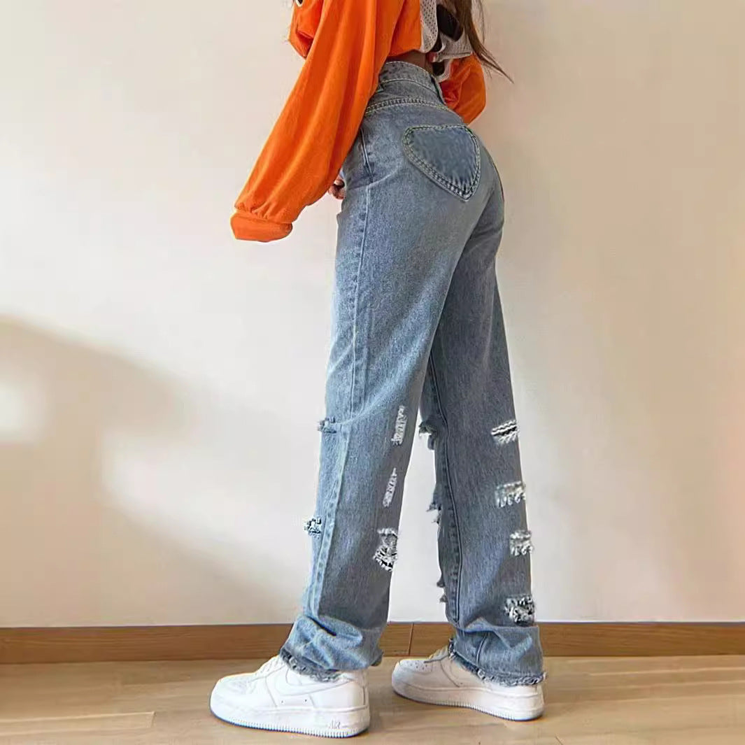 Dame afslappede High-Waist jeans i moderigtig Destroyed-look med frynser Stilla