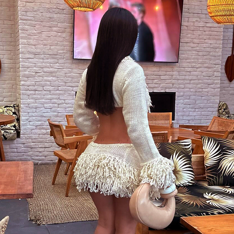 Dame Cropped Strikjakke med voluminøse frynser Stilla